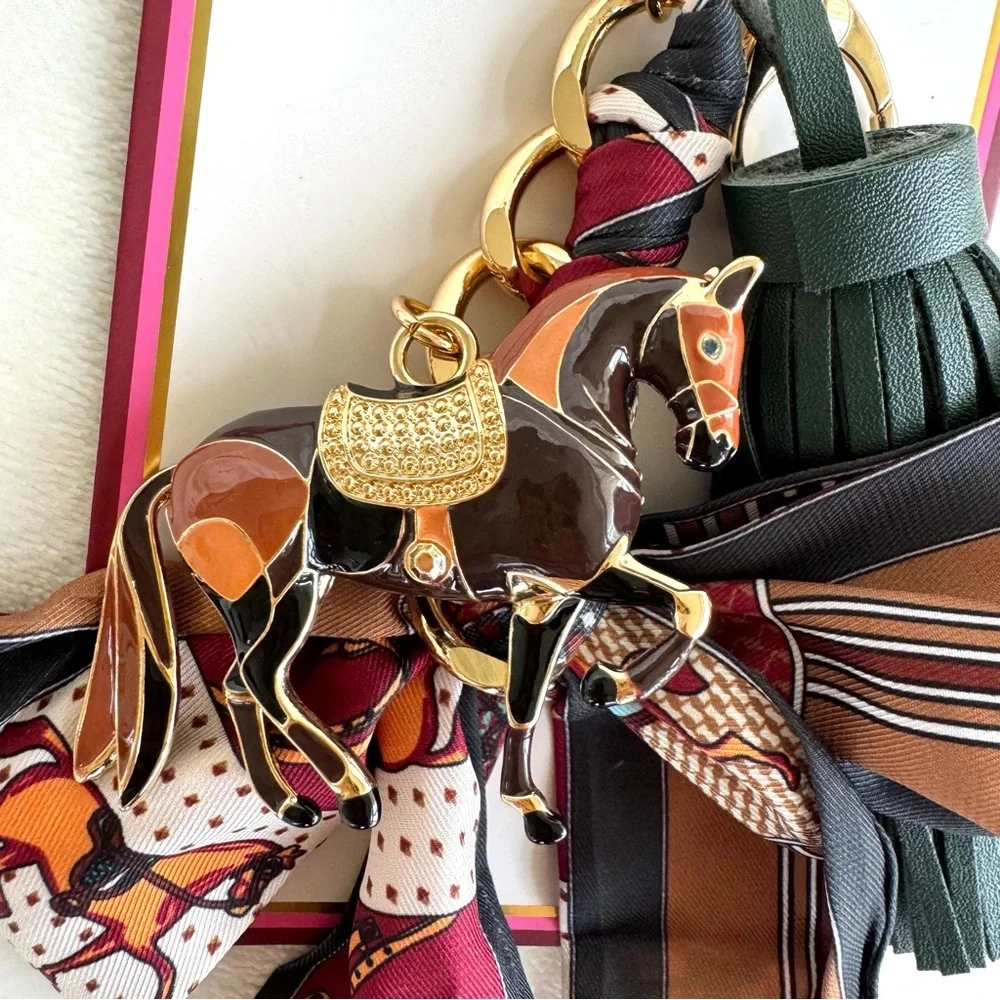Piper K Equestrian Key Chain / Bag Charm w/ Tassel, Scarf, Chain, & Horse Charm